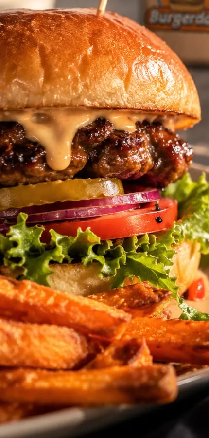 Burger mit Süßkartoffel-Pommes